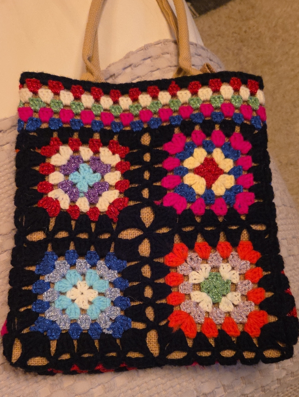 Black Crochet Multicolor Tote Bag